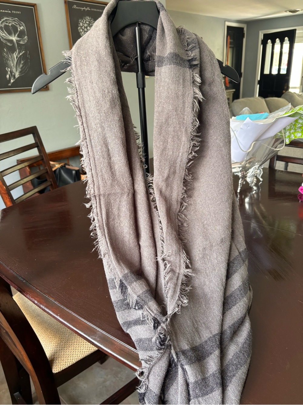 Neutral Gray Fringed Throw Scarf -